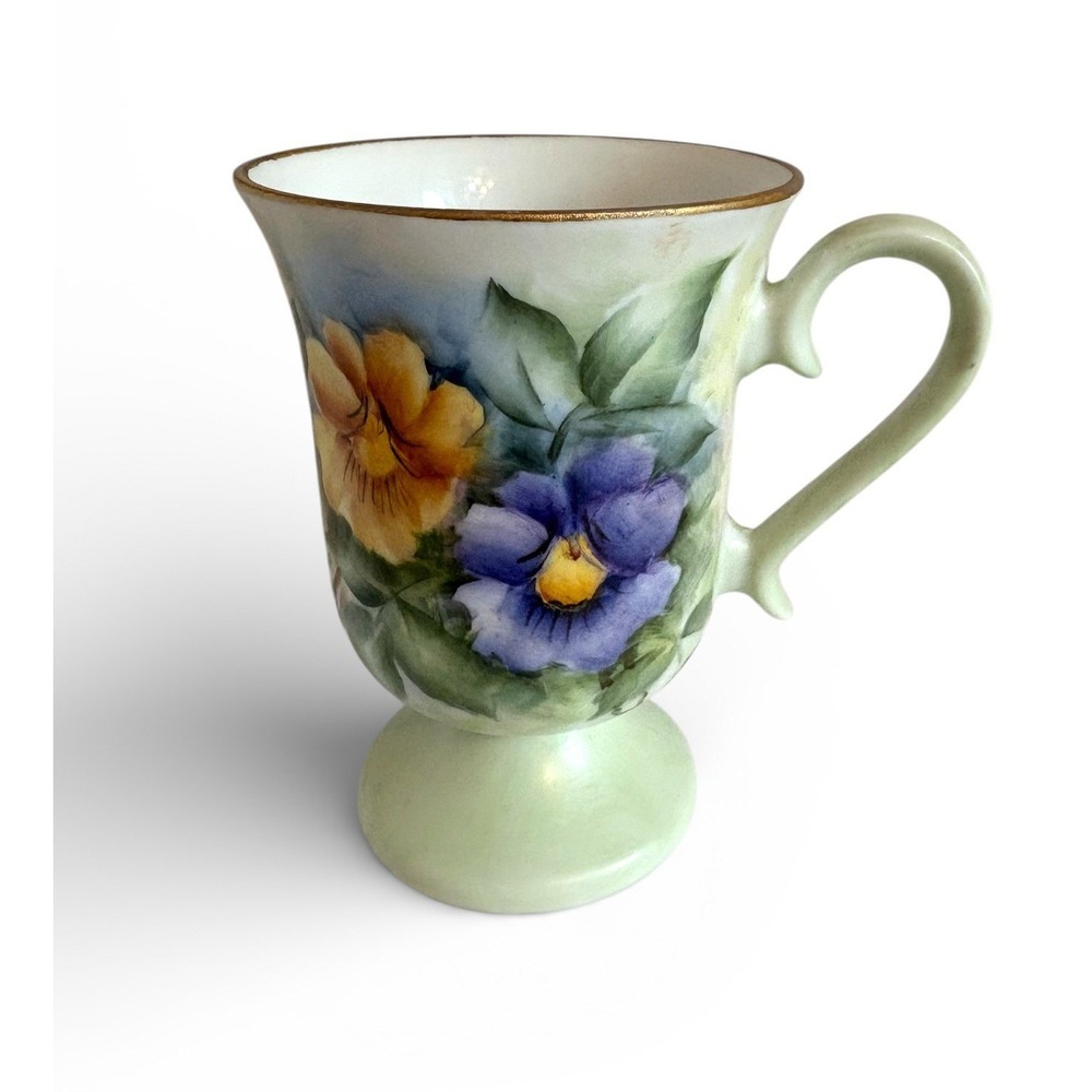 Betty Barnes Hand Painted Floral Porcelain Footed Tea Cup Pansies‎ 4.25" - Picture 2 of 8